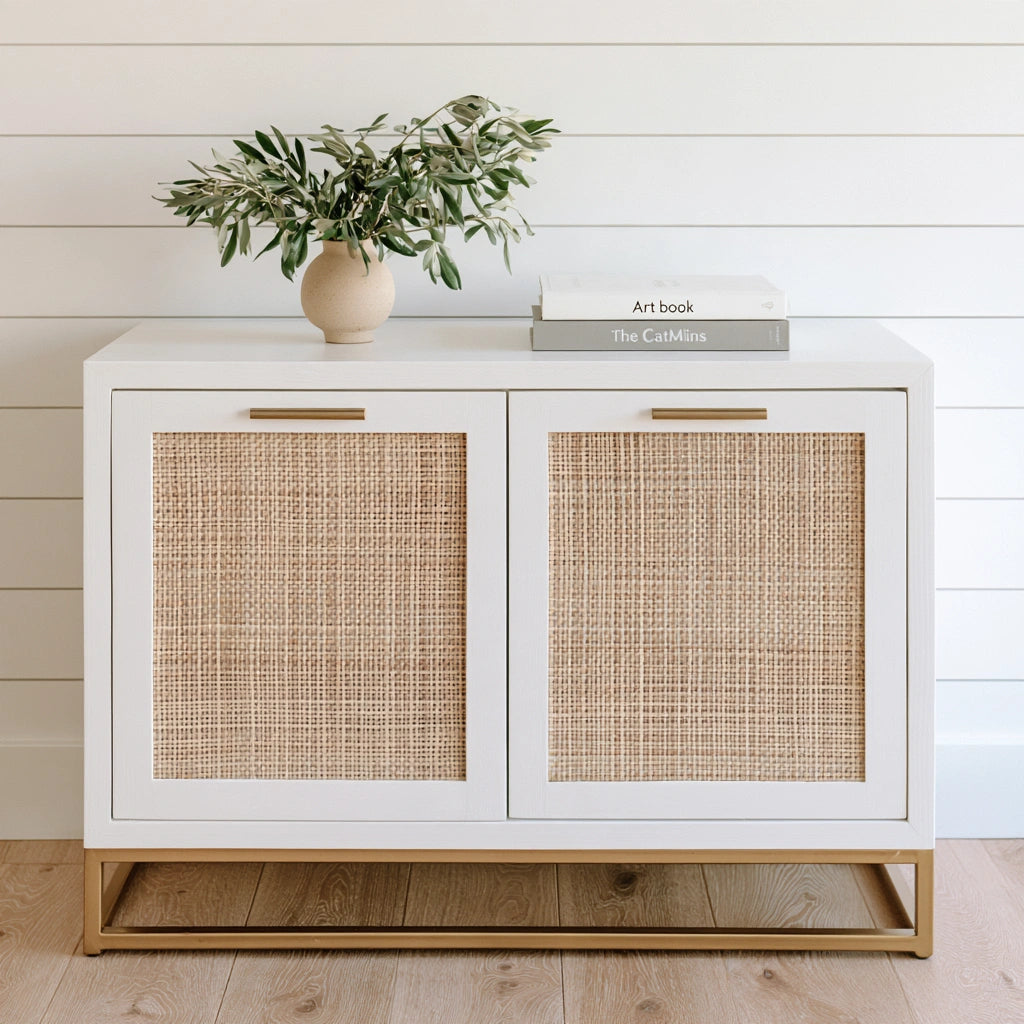 Mobile contenitore in legno e rattan, colore bianco