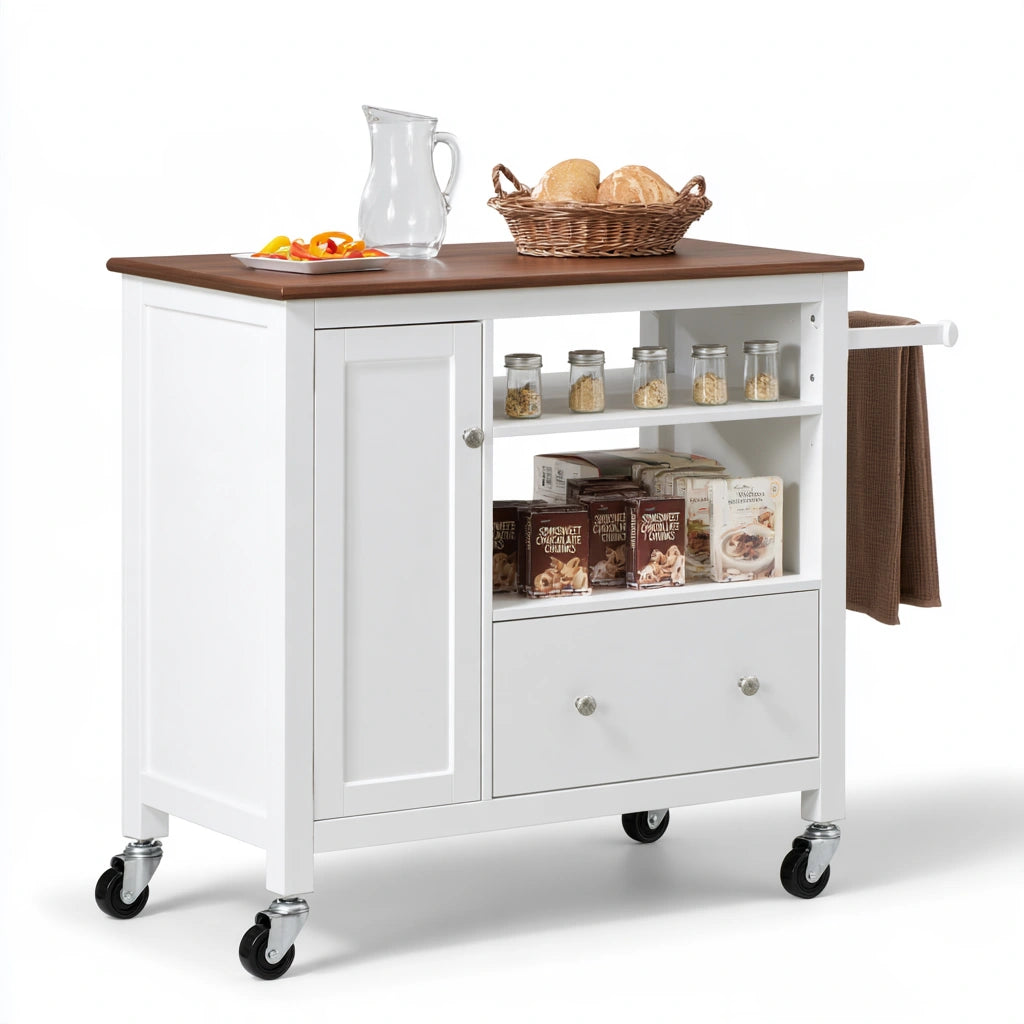 Isola da cucina mobile in legno su ruote, colore bianco