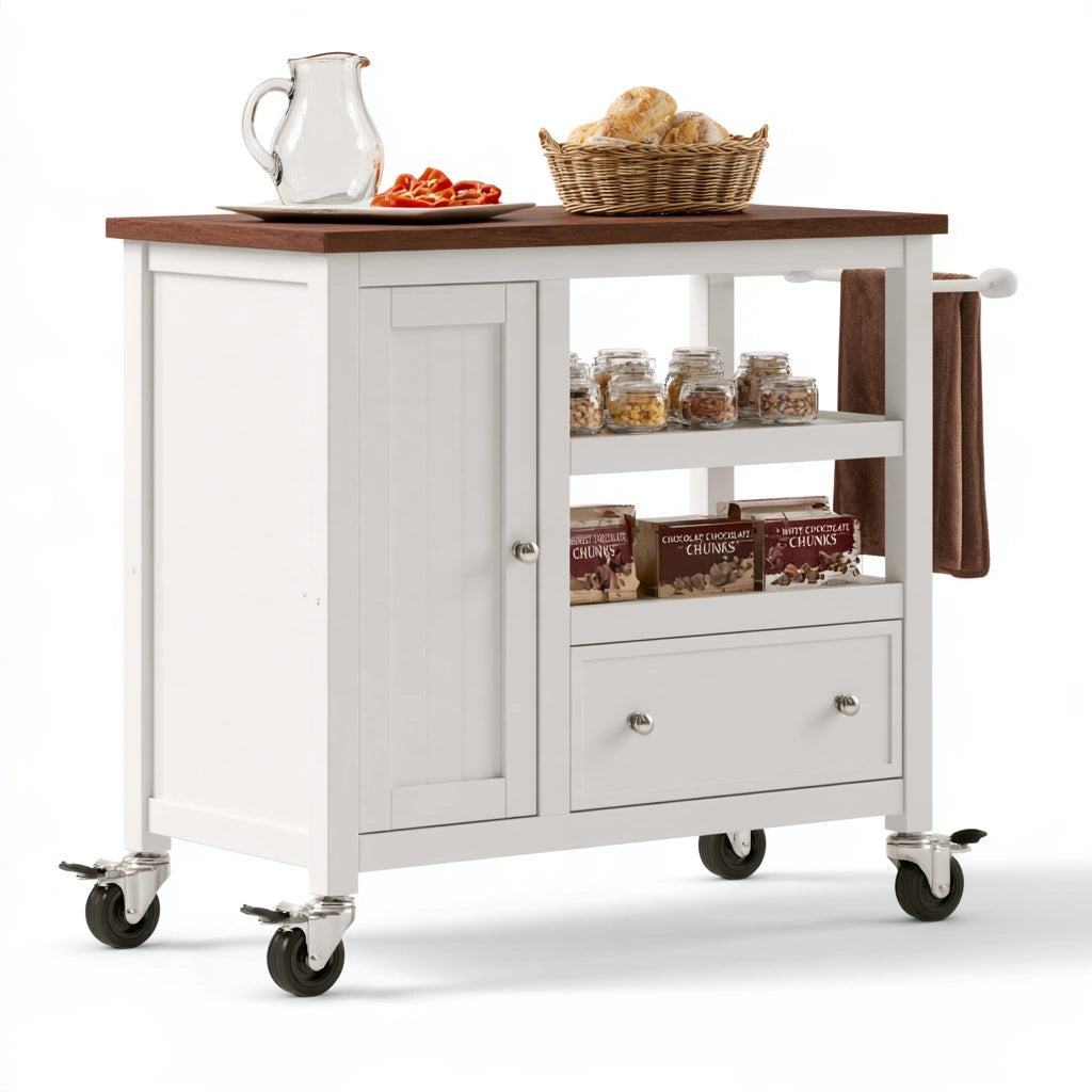Isola da cucina mobile in legno su ruote, colore bianco