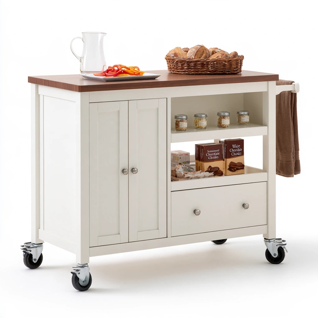 Isola da cucina mobile in legno su ruote, colore bianco