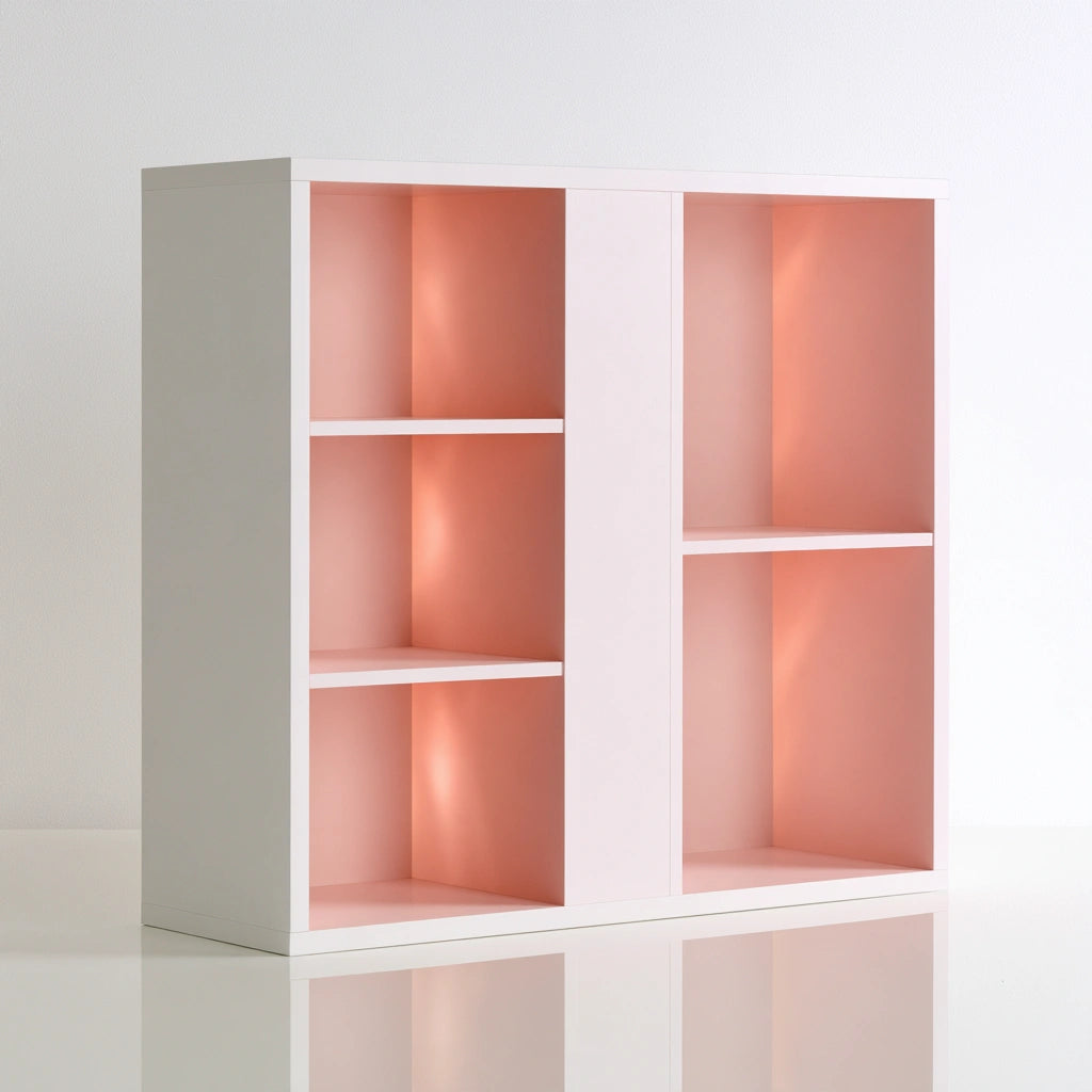 Scaffale portaoggetti in legno, colore rosa chiaro e bianco